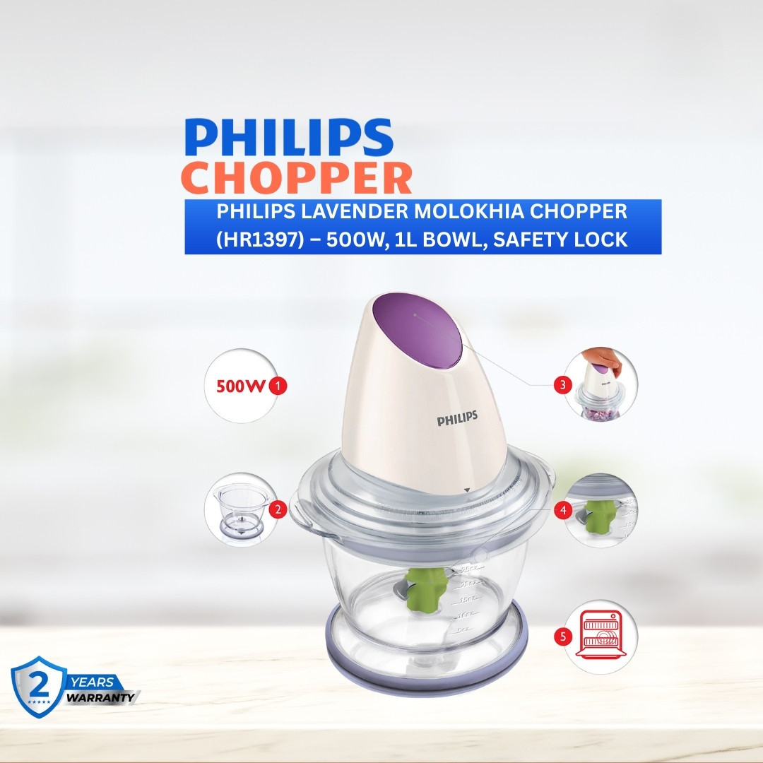 Philips Chopper HR1397 Lavender Molokhia – 500W, 1L Bowl, Safety Lock